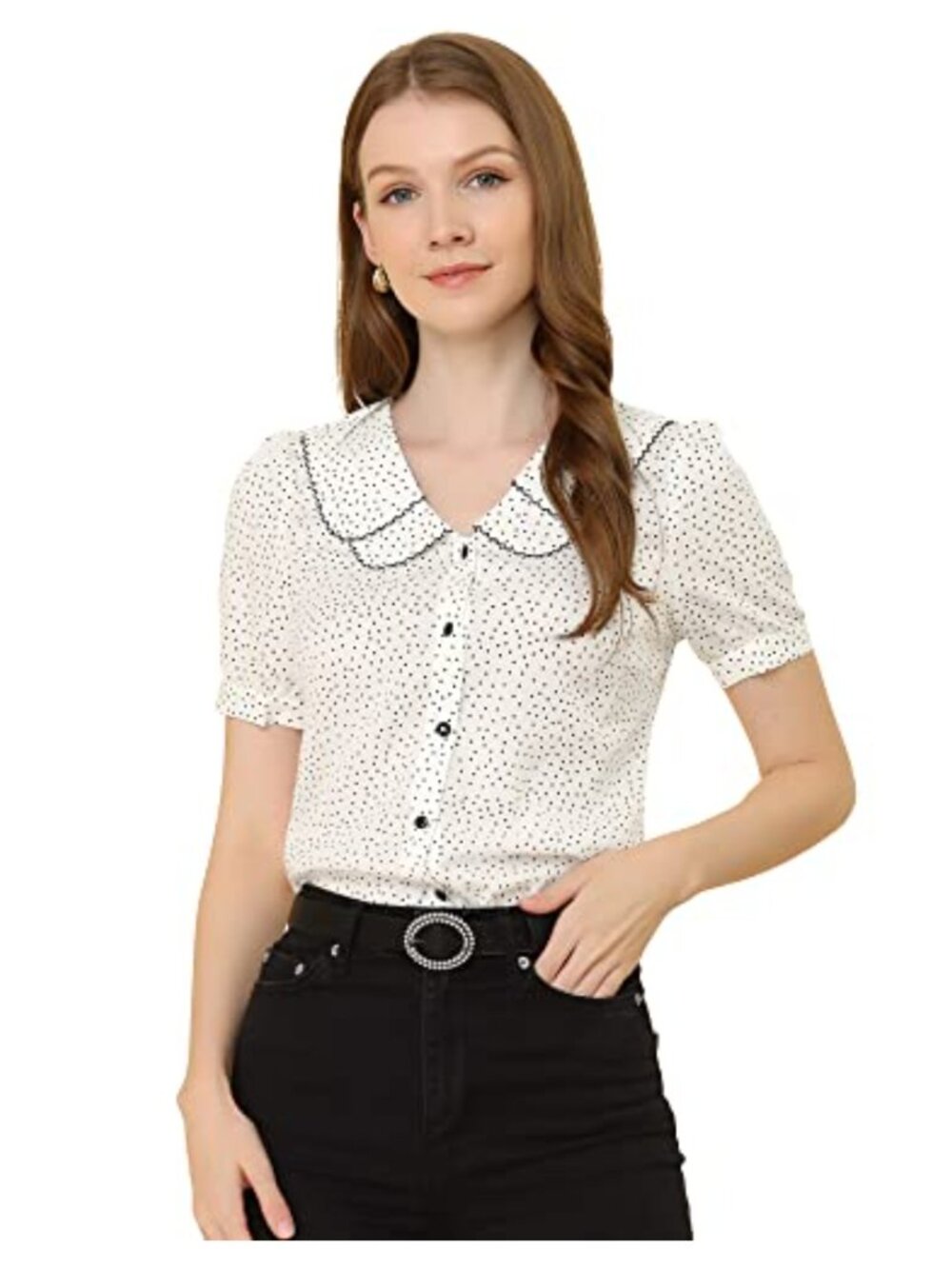 Vintage Polka Dot Peter Pan Collar Puff Sleeve Blouse Women's 1950s Button Down